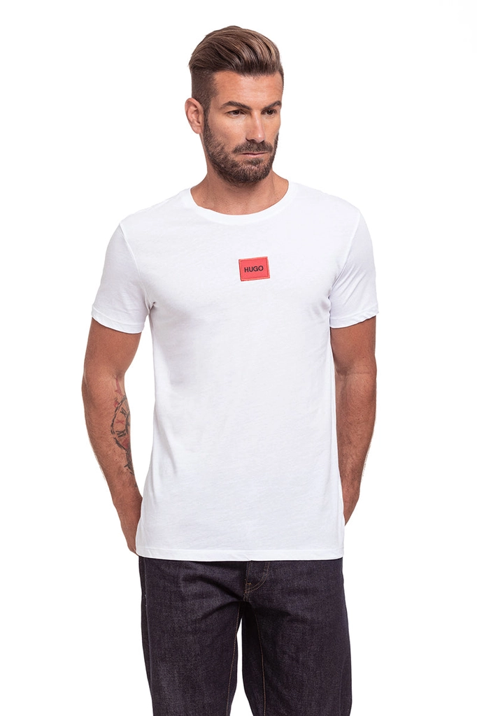 Hugo Boss Mens Red Logo Patch Sustainable T-Shirt - White - Size Large
